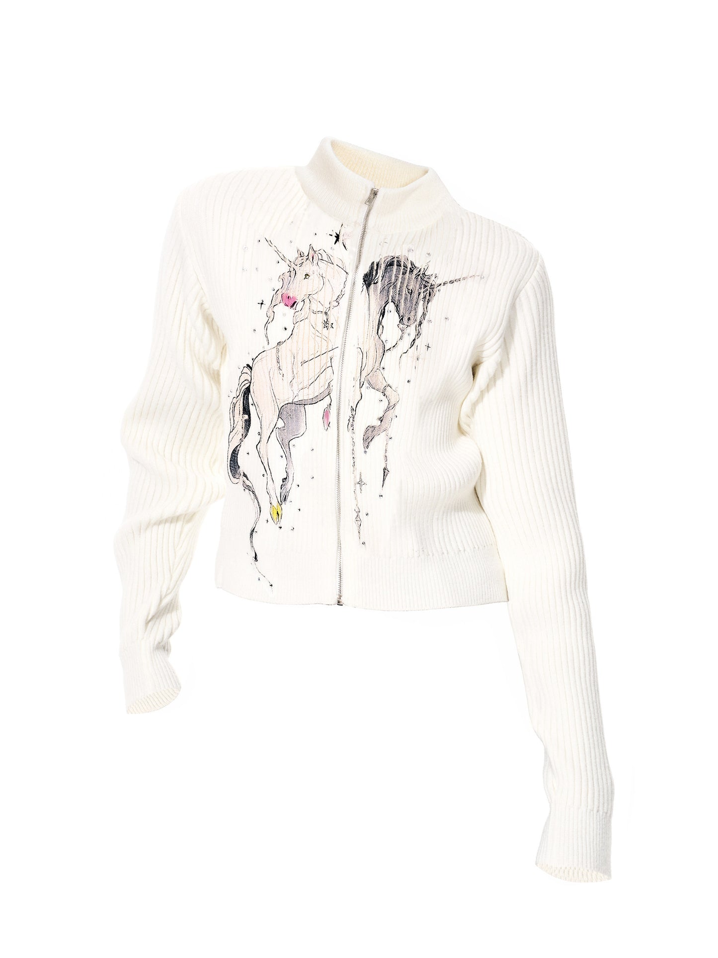 Yin-Yang Unicorn Print Rhinestone High-Neck Knit Cardigan WN23264