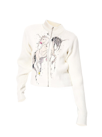 Yin-Yang Unicorn Print Rhinestone High-Neck Knit Cardigan WN23264
