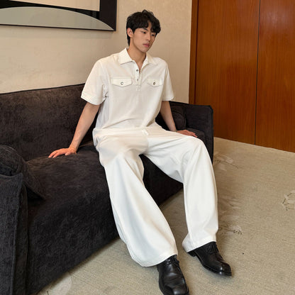 Contrast Stitch Short Sleeve Shirt & Wide Leg Trousers Setup WN24871