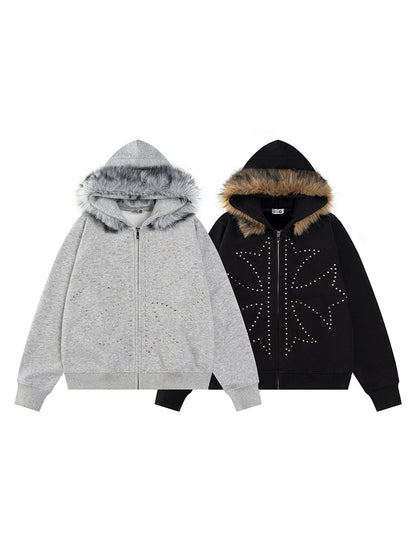 Fake Fur Collar Studs Detail Zipper Hoodie WN24184