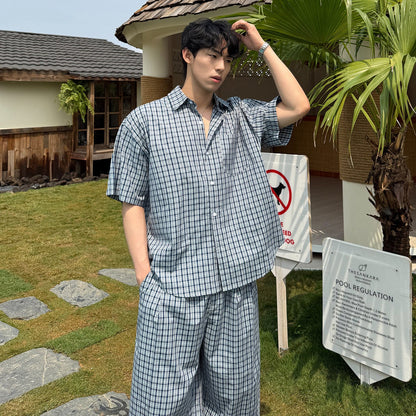 Check Short Sleeve Shirt & Wide Leg Pants Setup WN25031