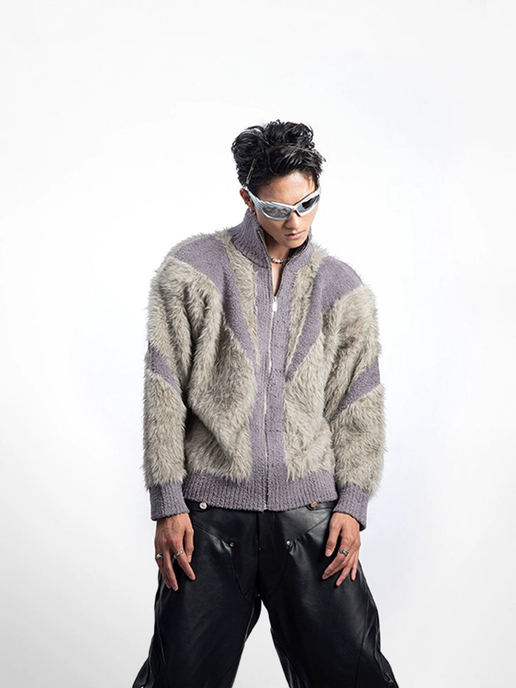 Fuzzy Patchwork Stand Neck Knit Cardigan WN20629