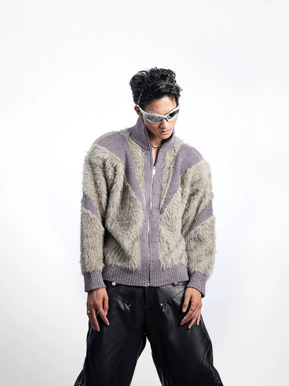 Fuzzy Patchwork Stand Neck Knit Cardigan WN20629