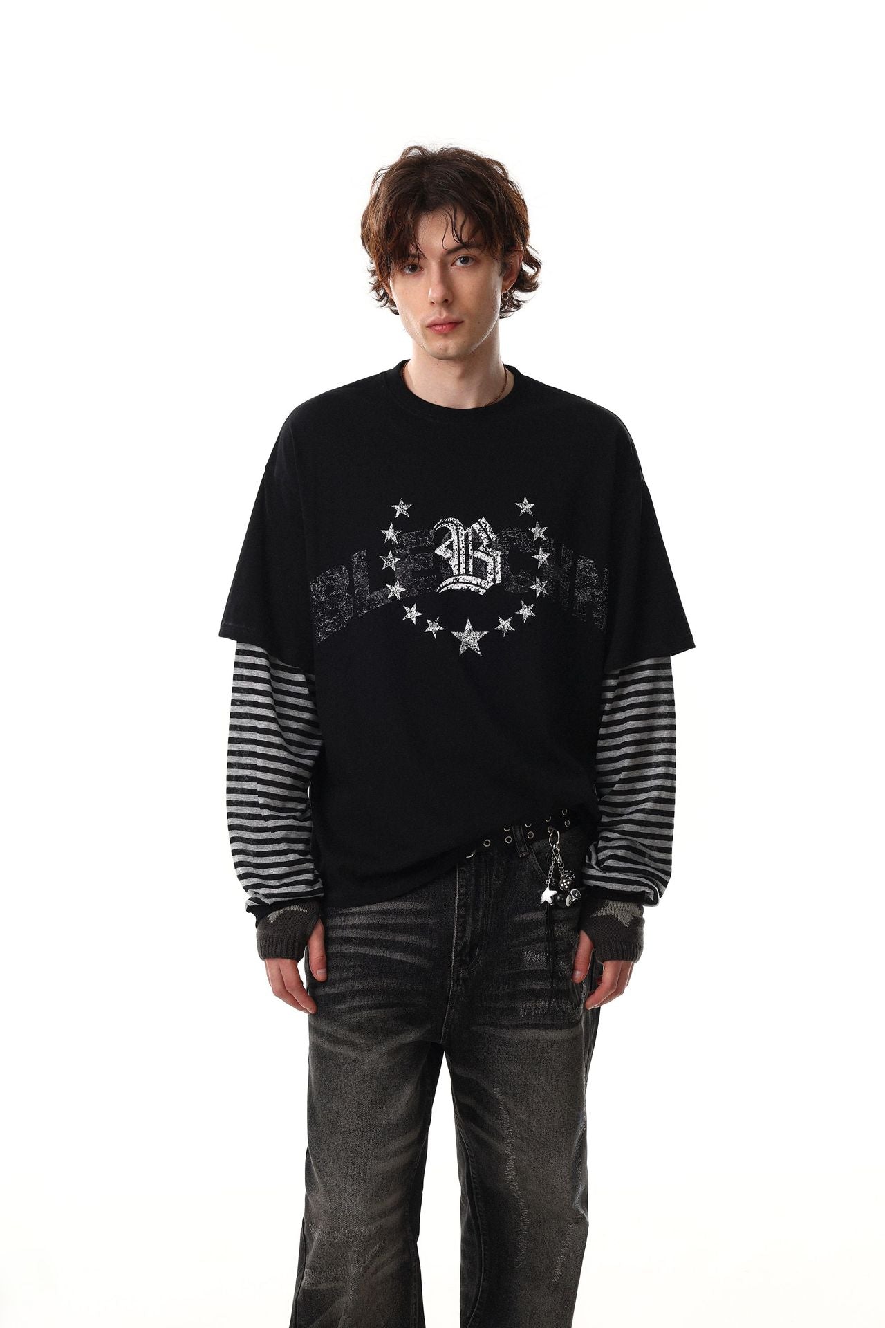 Fake Layered Stripe Star Long Sleeve T-Shirt WN25673