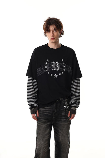 Fake Layered Stripe Star Long Sleeve T-Shirt WN25673