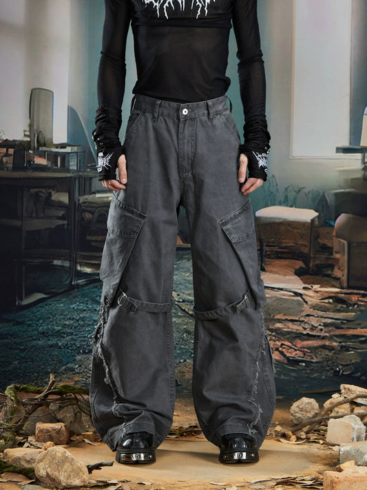 Large Pocket Washed Fringe Straight Cargo Denim Jeans WN20585