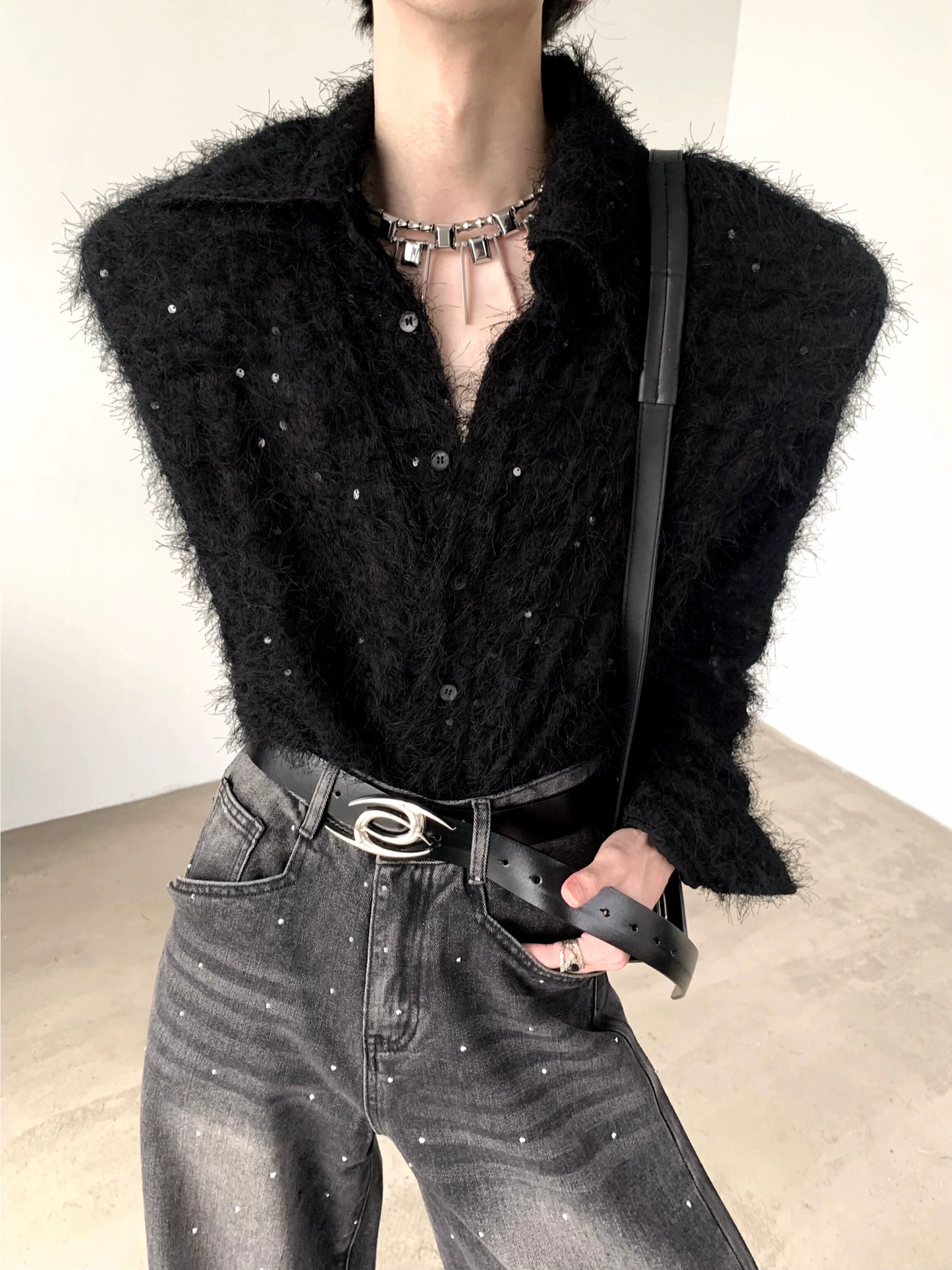 Fake Fur Shoulder Pad Polo Knit Cardigan  WN9172