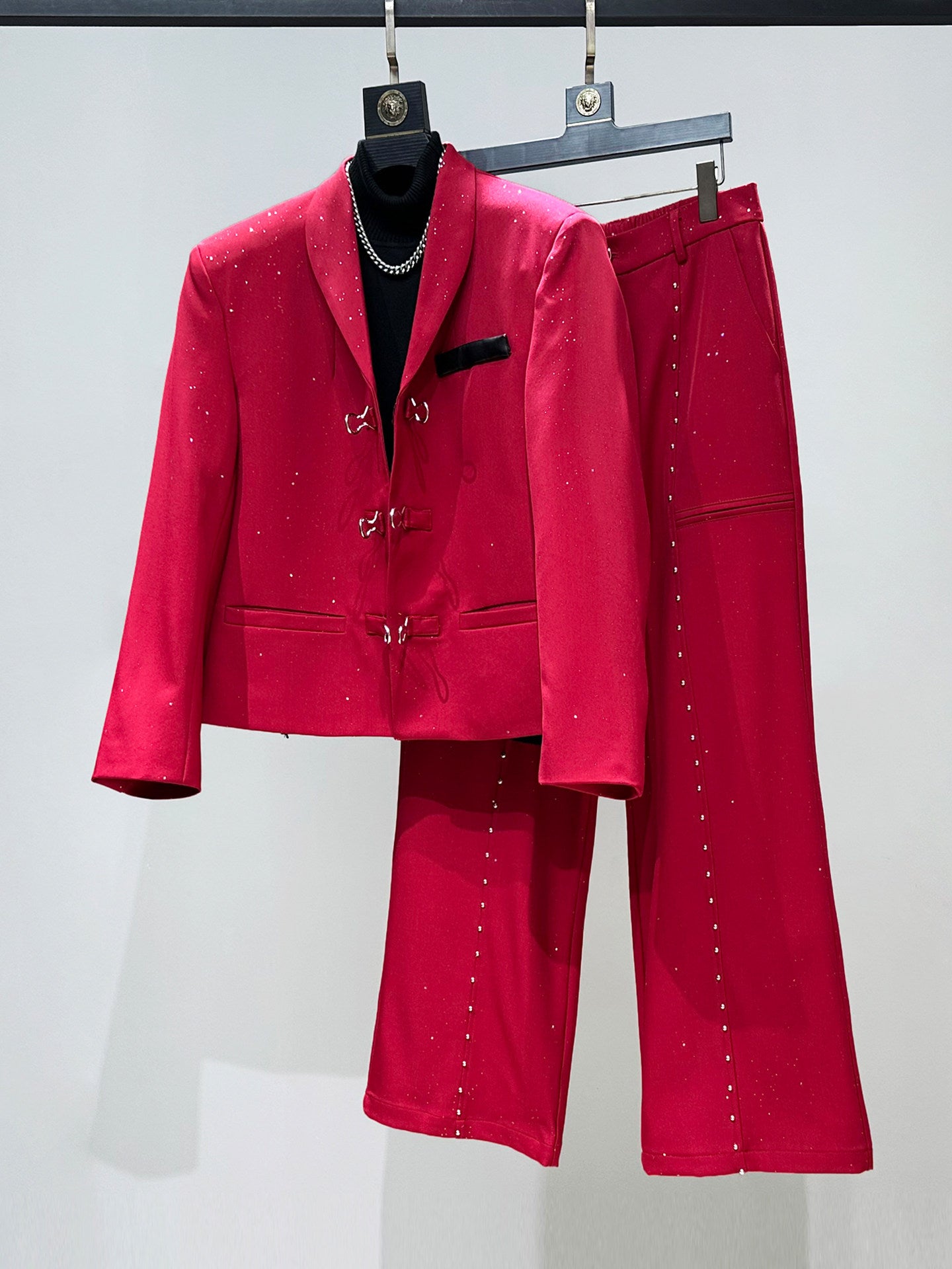 Star Button Short Tailored Jacket & Micro Flare Trousers Setup WN23968
