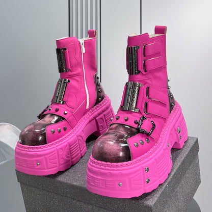Patent Strap Buckle Studs Platform Short Boots WN24674