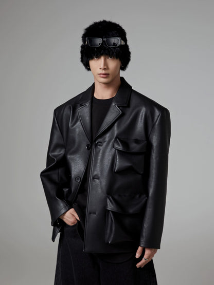 Black Notched-Collar PU Leather Tailored Jacket WN13313