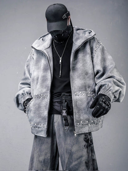 Pearl Beads Decor Fleece Lining Oversize Zipper Hoodie WN22446