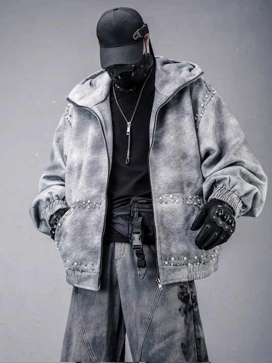 Pearl Beads Decor Fleece Lining Oversize Zipper Hoodie WN22446