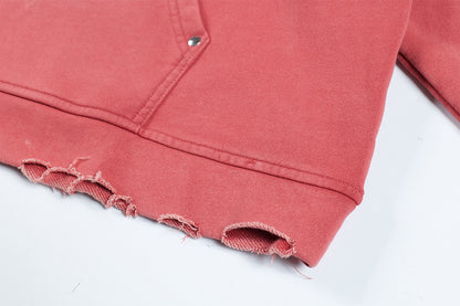 Washed Letter Rhinestone Design Damage Hoodie WN25384