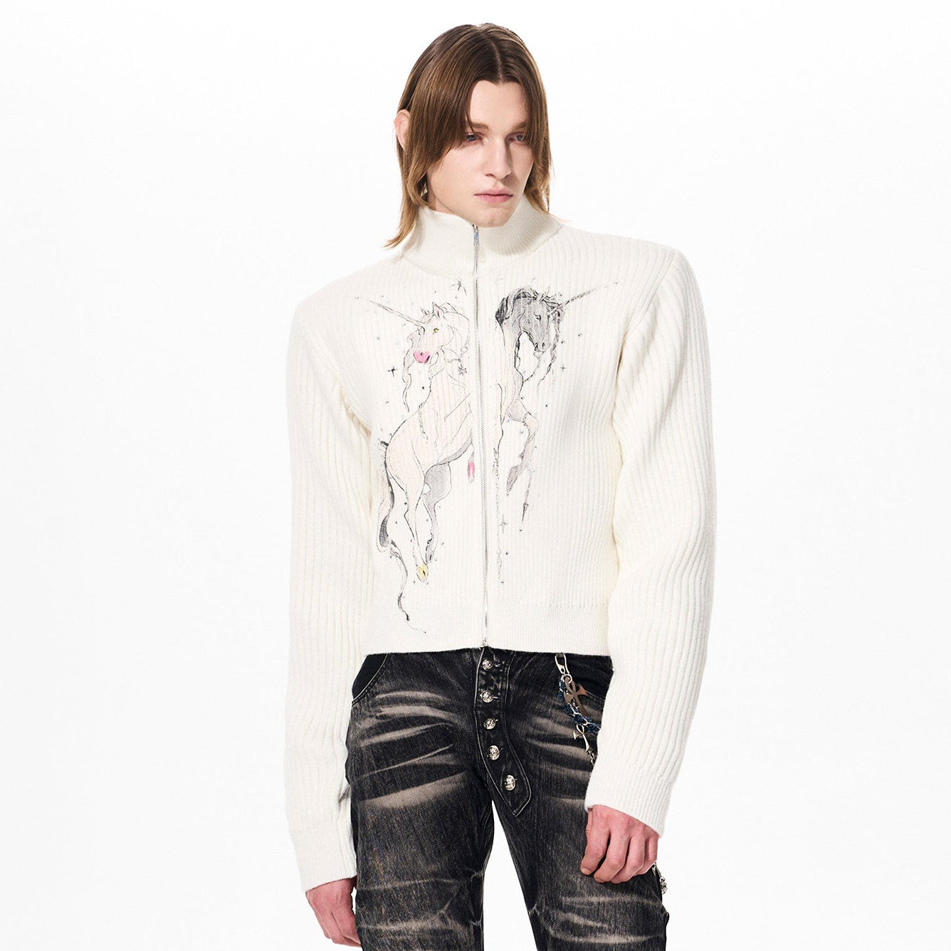 Yin-Yang Unicorn Print Rhinestone High-Neck Knit Cardigan WN23264