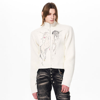 Yin-Yang Unicorn Print Rhinestone High-Neck Knit Cardigan WN23264