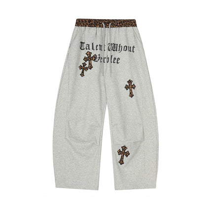 Leopard Waist Cross Print Wide Leg Sweat Pants WN24172