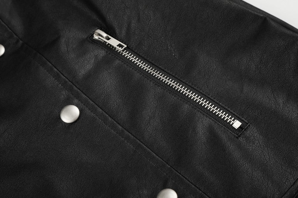 Stand Neck Double Studs Zipper PU Leather Jacket WN28068