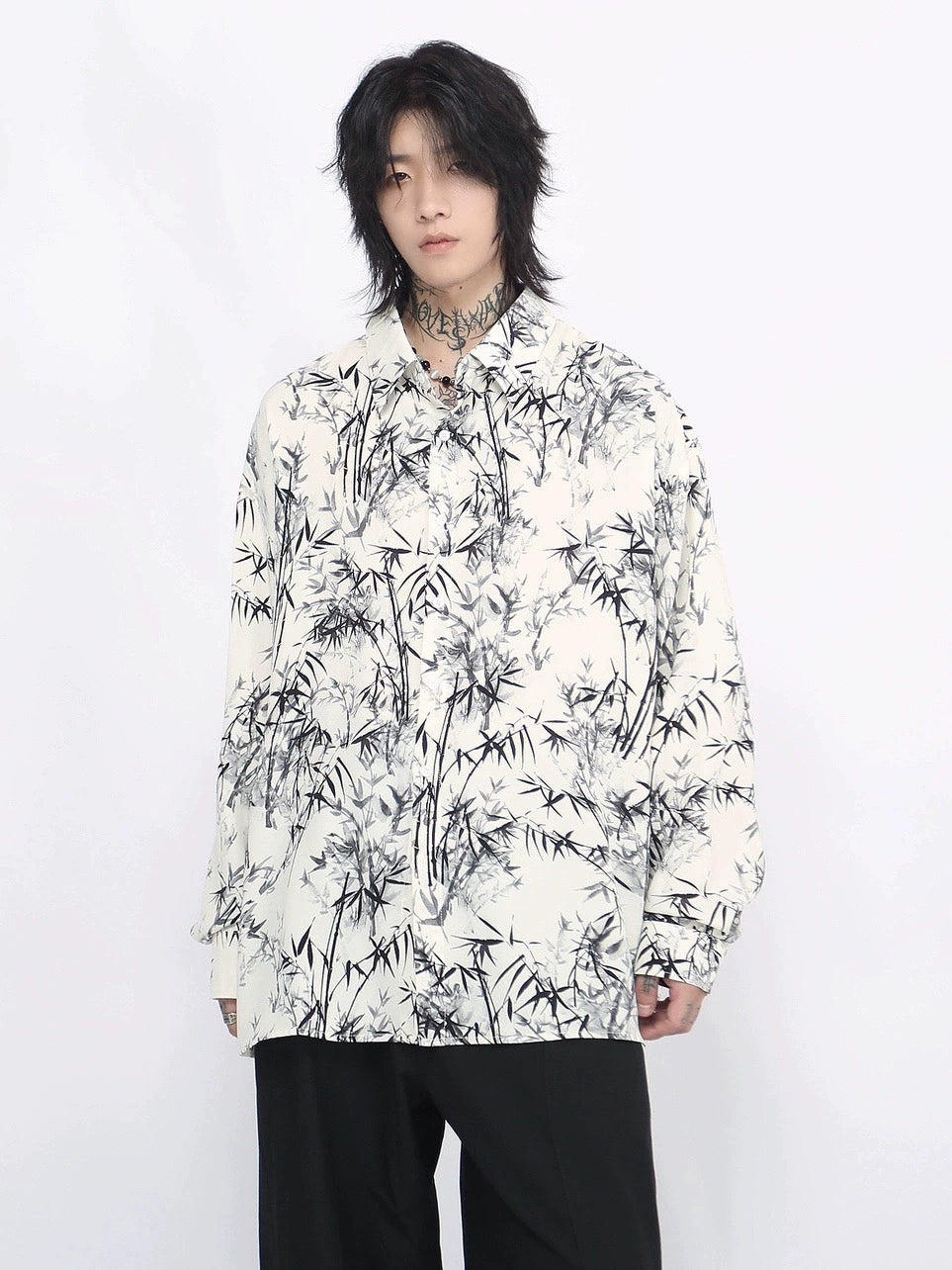 Bamboo Print Oversize Long Sleeve Shirt WN8711