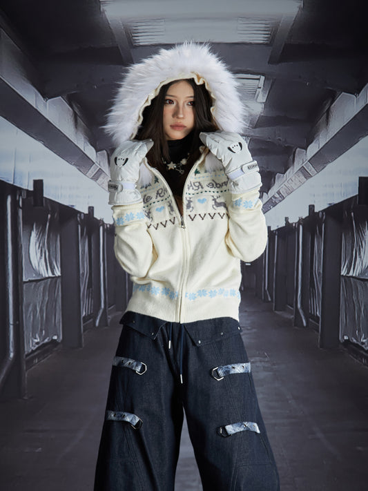 Detachable Fake Fur Hooded Zipper Knit Cardigan WN22845