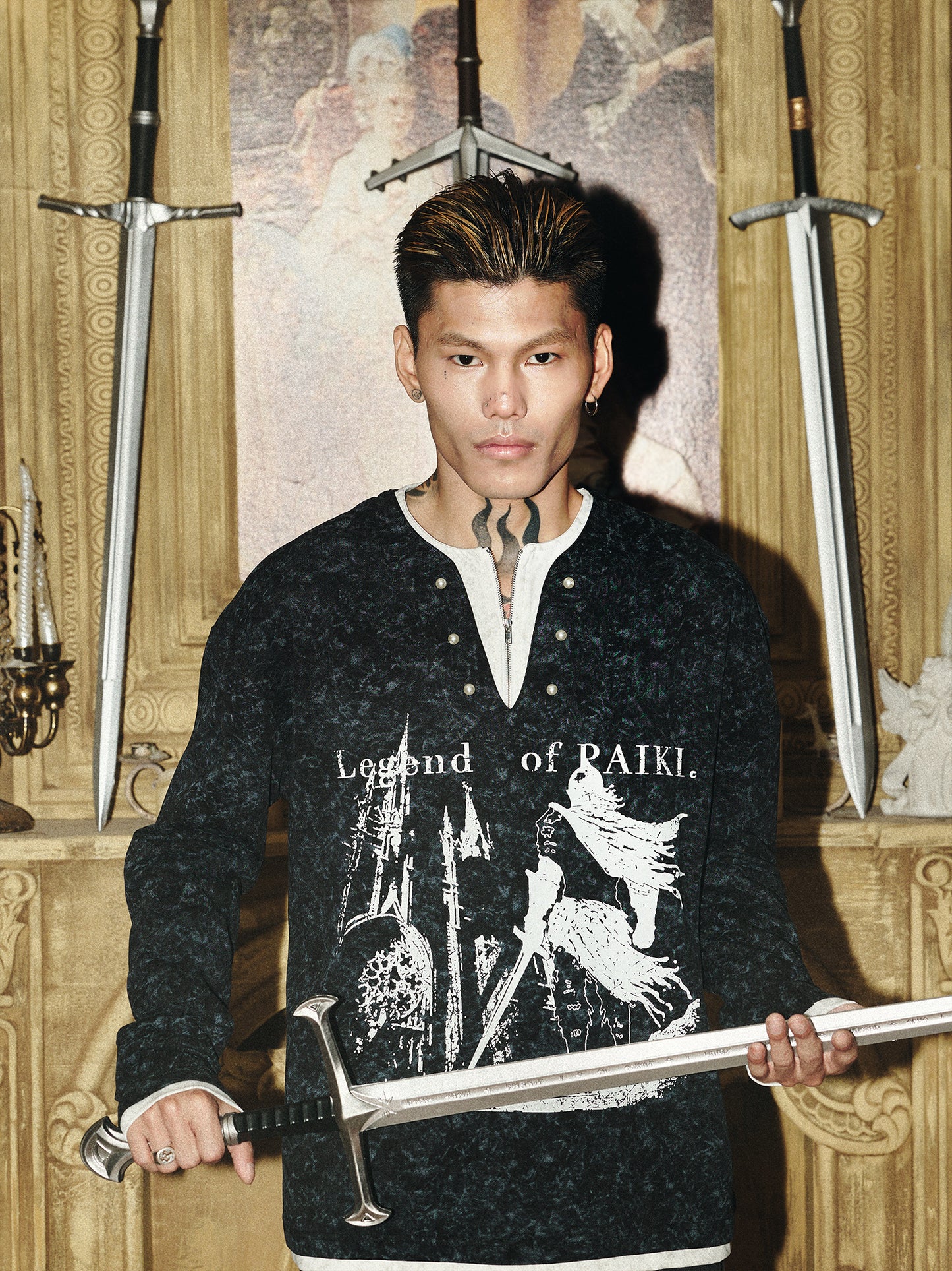 Knight Castle Pearl Button Fake Layered Long Sleeve T-Shirt WN15845