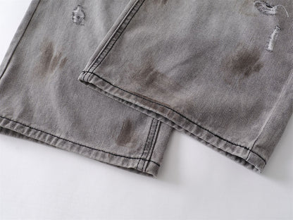 Dirty Washed Ripped Straight Leg Denim Jeans WN26829