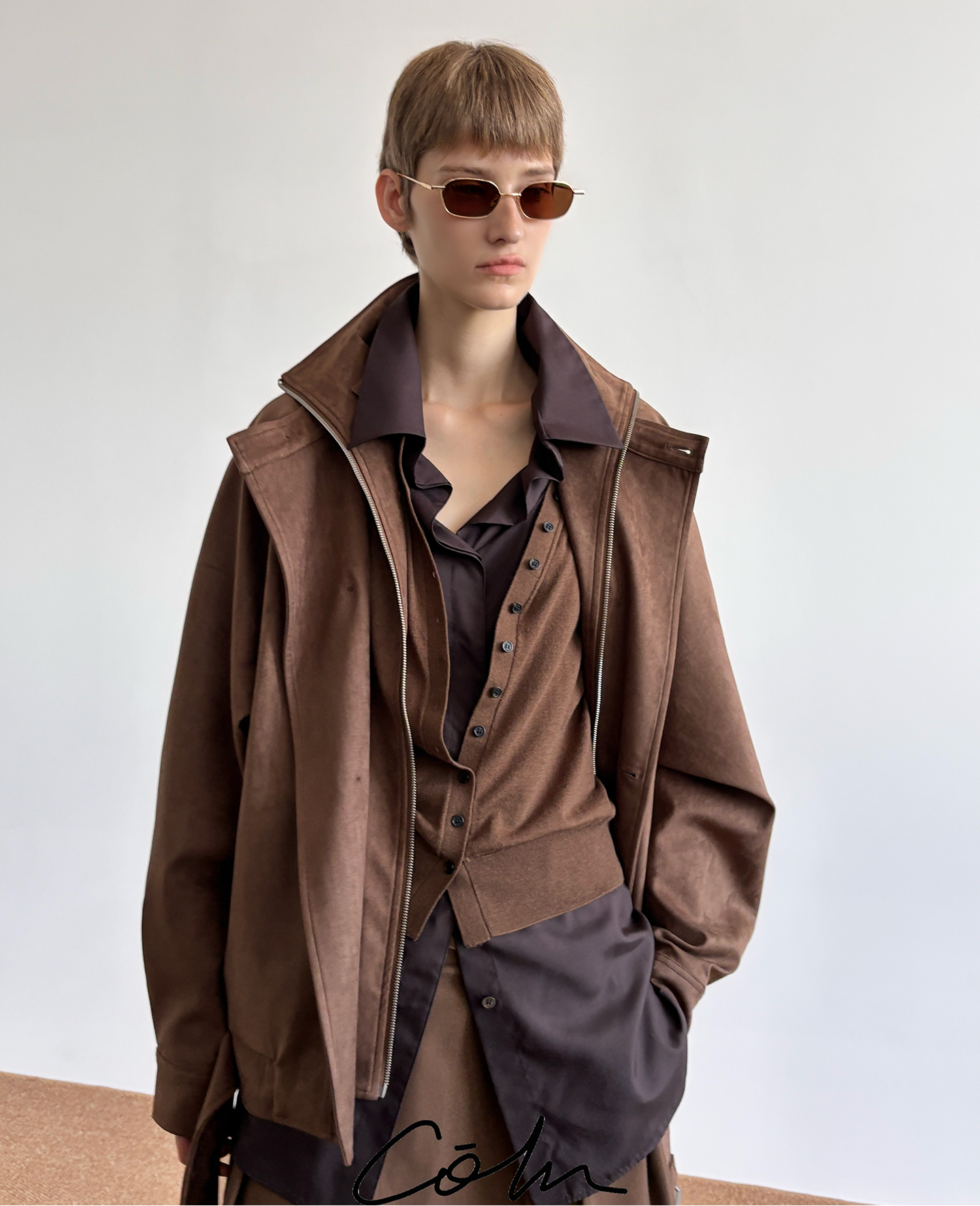 Suede Double Layer Collar Double Breasted Jacket WN21525