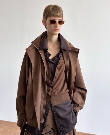 Suede Double Layer Collar Double Breasted Jacket WN21525