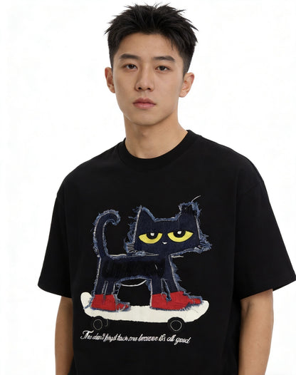 Cat Applique Embroidery Short Sleeve T-Shirt WN25665