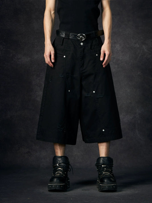 Ripped Design Wide Leg Cargo Half Pants WN18438