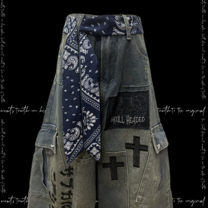 Letter Print Patchwork Cargo Wide Leg Denim Jeans & Belt & Chain & Scarf WN20123