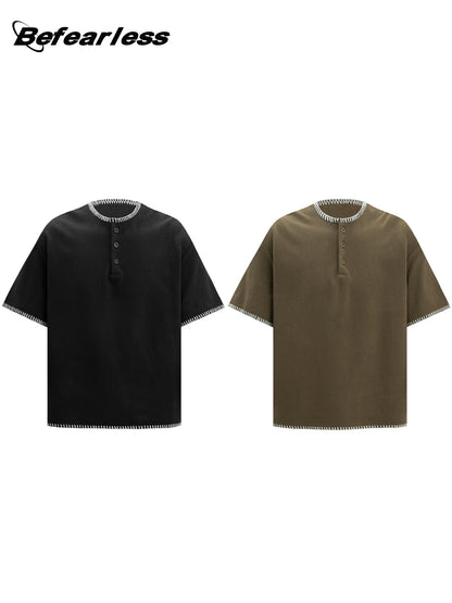 Waffle Contrast Stitch Henley Short Sleeve T-Shirt WN26173
