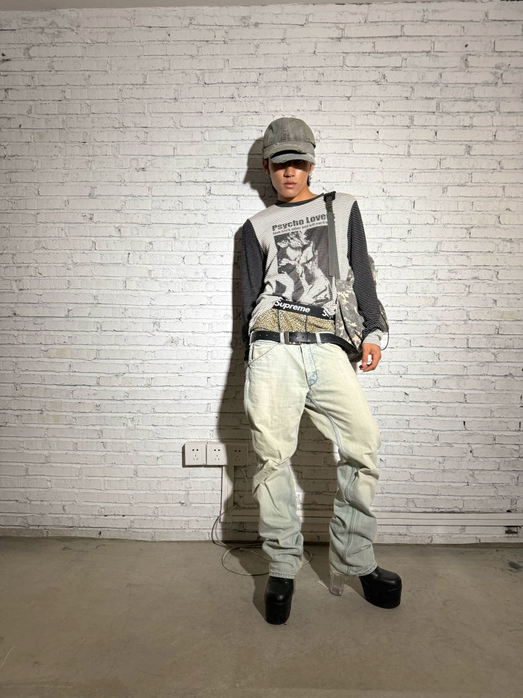 Graphic Print Stripe Long Sleeve T-Shirt WN19068