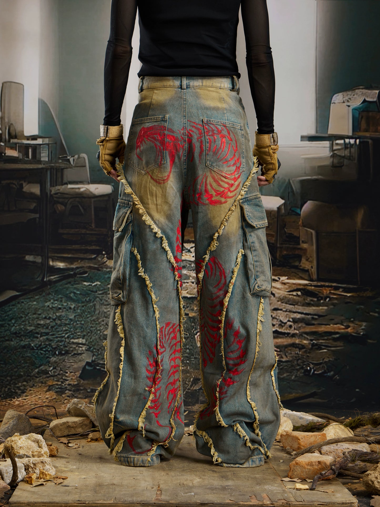 Washed Damage Fringe Pocket Paint Wide Leg Cargo Denim Jeans WN21382