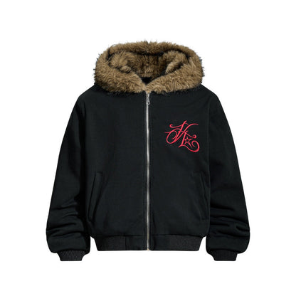 Embroidery Letter Fake Fur Hooded Jacket WN24262