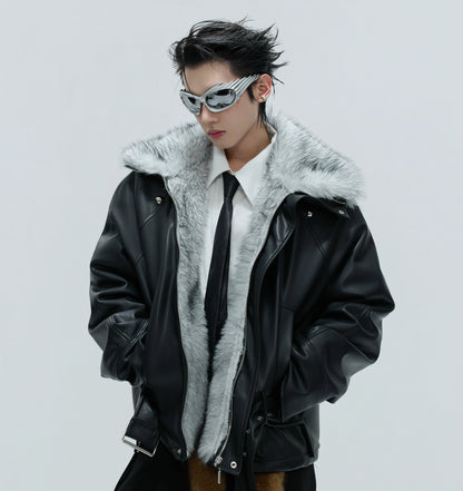Studs High-Neck Fake Fur Collar PU Leather Puffer Jacket WN21719