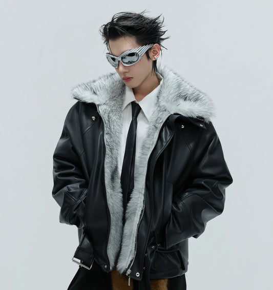 Studs High-Neck Fake Fur Collar PU Leather Puffer Jacket WN21719