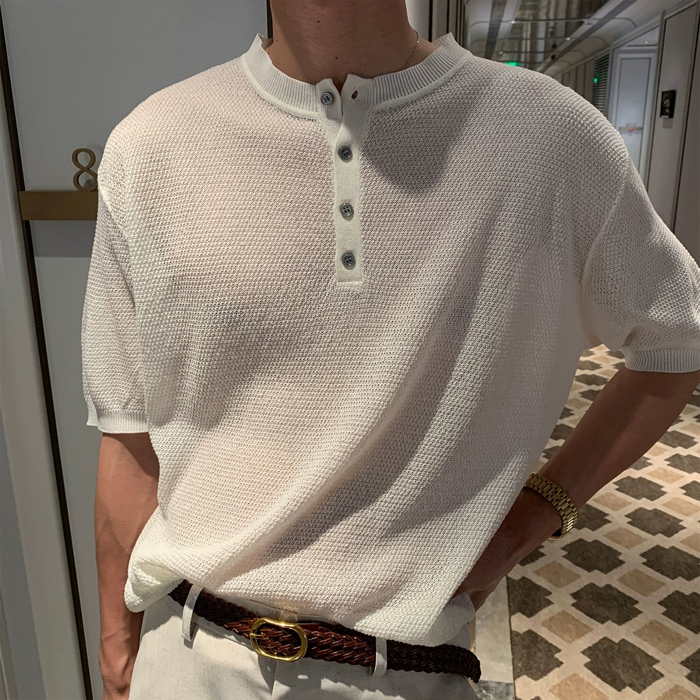 Cooling Linen Knit Henry Neck Short Sleeve T-Shirt WN20468