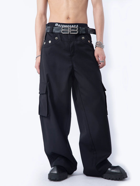 Metal Button 3D Multi Pocket Wide-Leg Straight Pants WN7280