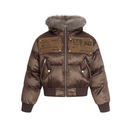 Hooded Fake Fur Collar Pockets Short Puffer Jacket WN21887