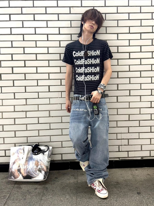 Washed Wide Leg Logo Print Denim Jeans WN27165