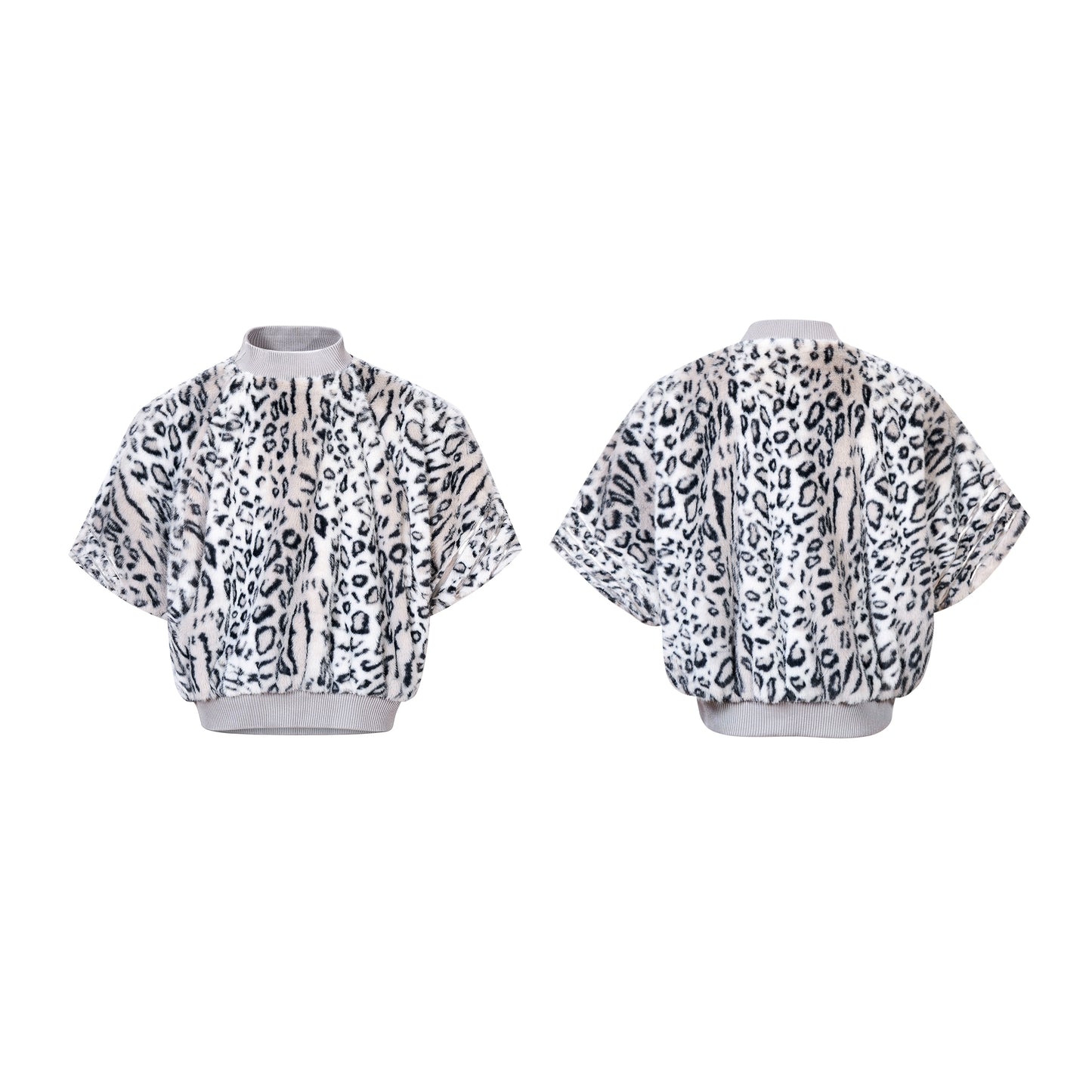 Leopard Patchwork Fake Fur High-Neck Short Sweatpshirt & Wide Leg Pants Setup WN21815