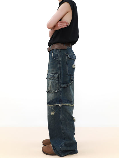 Damage Multi Pocket Straight Leg Denim Jeans WN8332