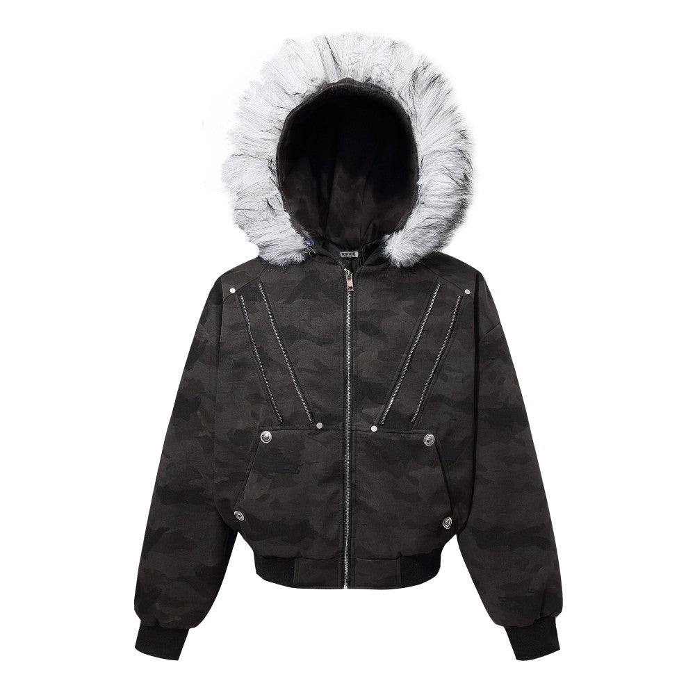 Camouflage Fake Fur Collar Multi-Zipper Short Puffer Jacket WN27891