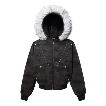 Camouflage Fake Fur Collar Multi-Zipper Short Puffer Jacket WN27891