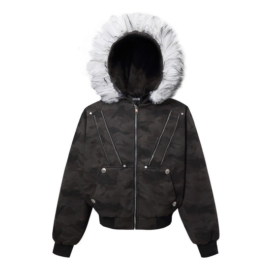 Camouflage Fake Fur Collar Multi-Zipper Short Puffer Jacket WN27891
