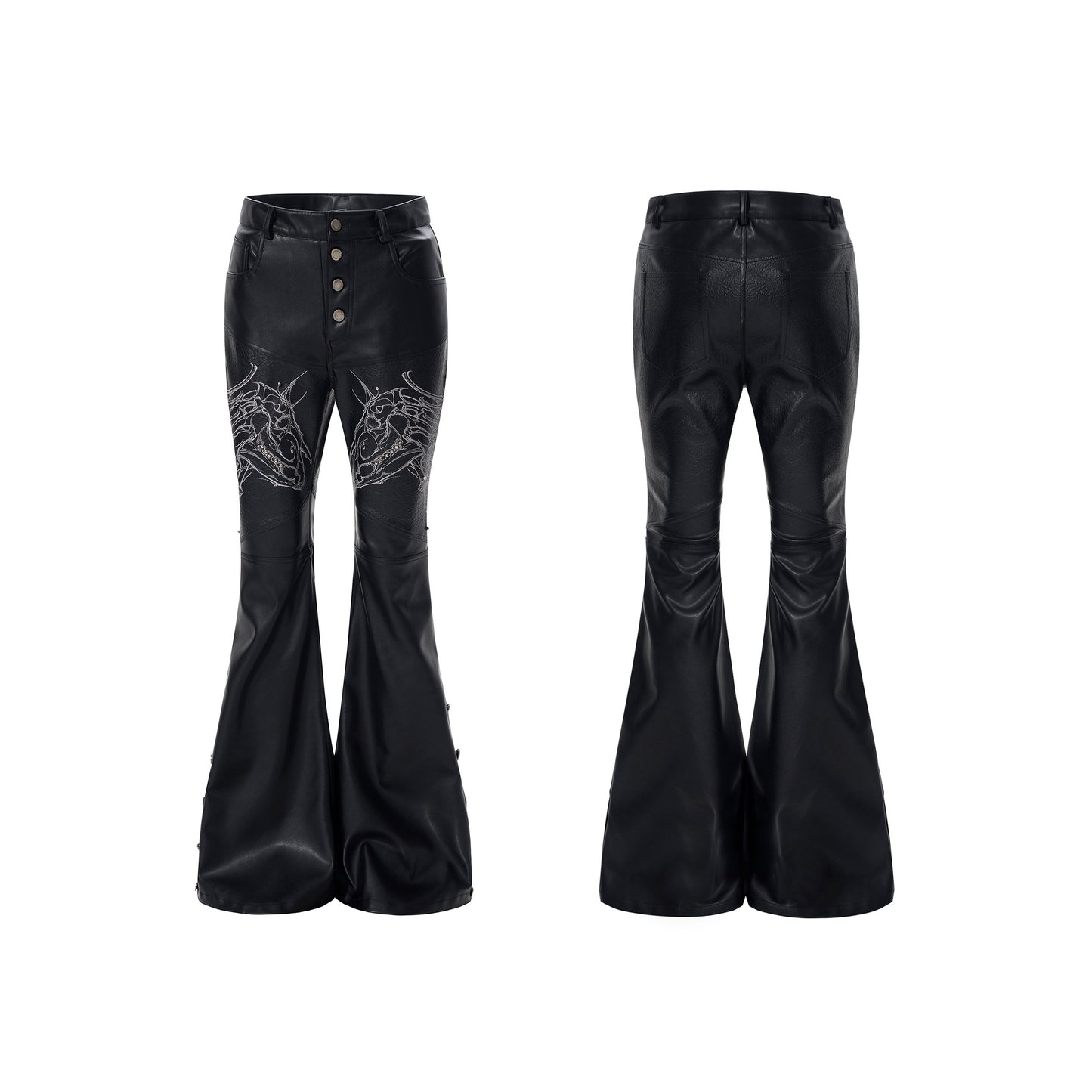 Horse Head Embroidery Flare Button Slit PU Leather Pants WN23287