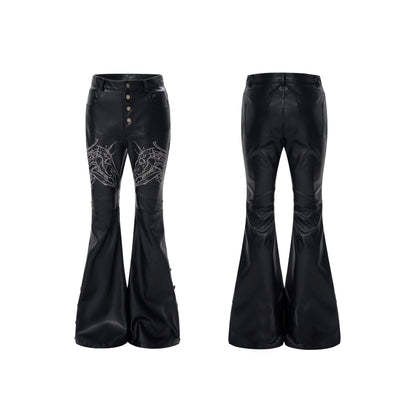 Horse Head Embroidery Flare Button Slit PU Leather Pants WN23287