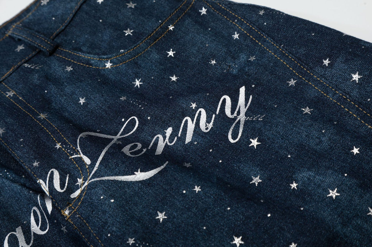 Star Print Curved Wide Leg Denim Jeans WN25696