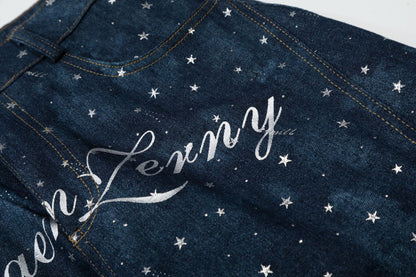 Star Print Curved Wide Leg Denim Jeans WN25696