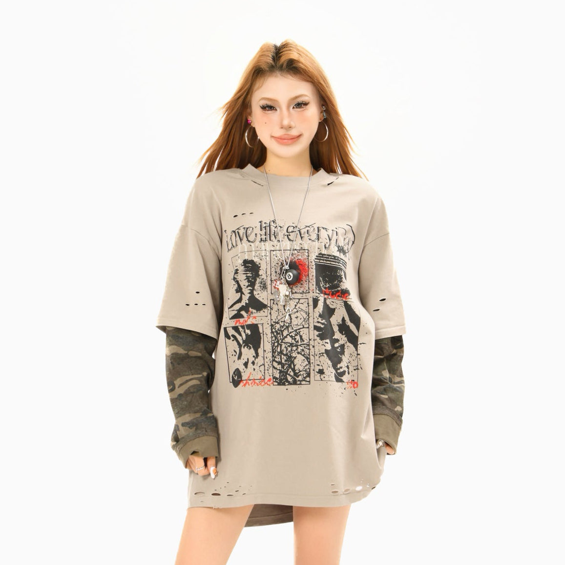Fake Layered Camo Damage Print Long Sleeve T-Shirt WN25740